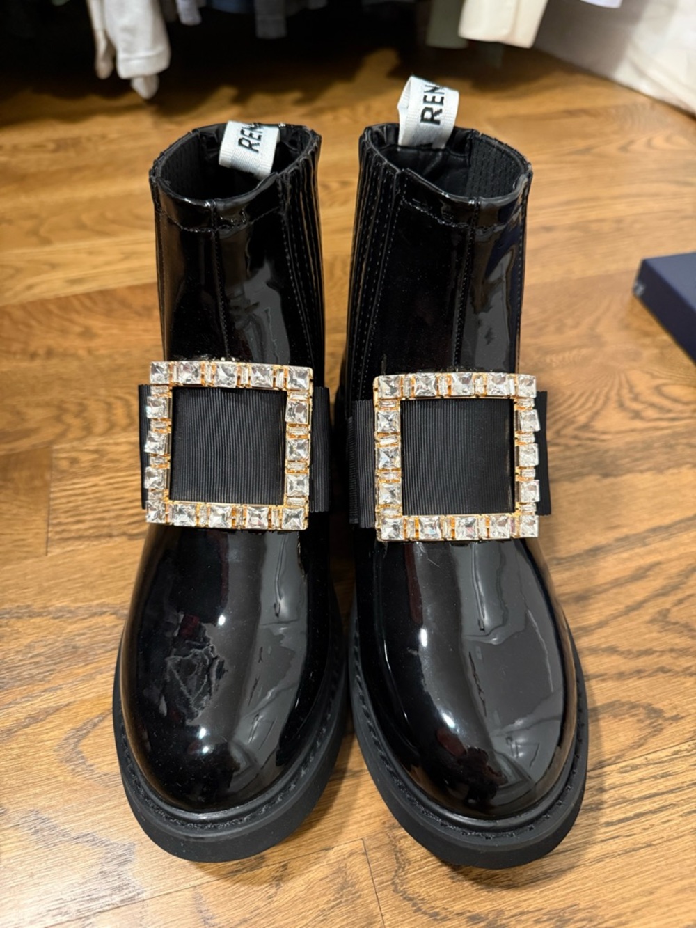 New, Never Wore - Patent Black Women's Ankle Boots with Crystal Buckle